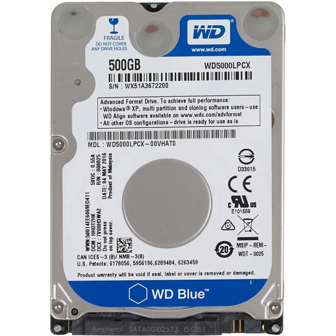 Жесткий диск WESTERN DIGITAL Blue , 500ГБ, HDD, SATA III, 2.5" WD5000LPCX Жесткий диск WESTERN DIGITAL Blue , 500ГБ, HDD, SATA III, 2.5" WD5000LPCX