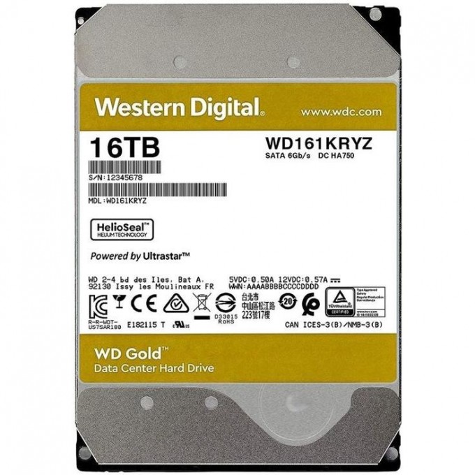 Жесткий диск WESTERN DIGITAL GOLD , 16ТБ, HDD, SATA-III, 3.5" WD161KRYZ Жесткий диск WESTERN DIGITAL GOLD , 16ТБ, HDD, SATA-III, 3.5" WD161KRYZ