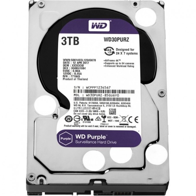 Жесткий диск WESTERN DIGITAL PURPLE , 3ТБ, HDD, SATA III, 3.5" WD30PURZ Жесткий диск WESTERN DIGITAL PURPLE , 3ТБ, HDD, SATA III, 3.5" WD30PURZ
